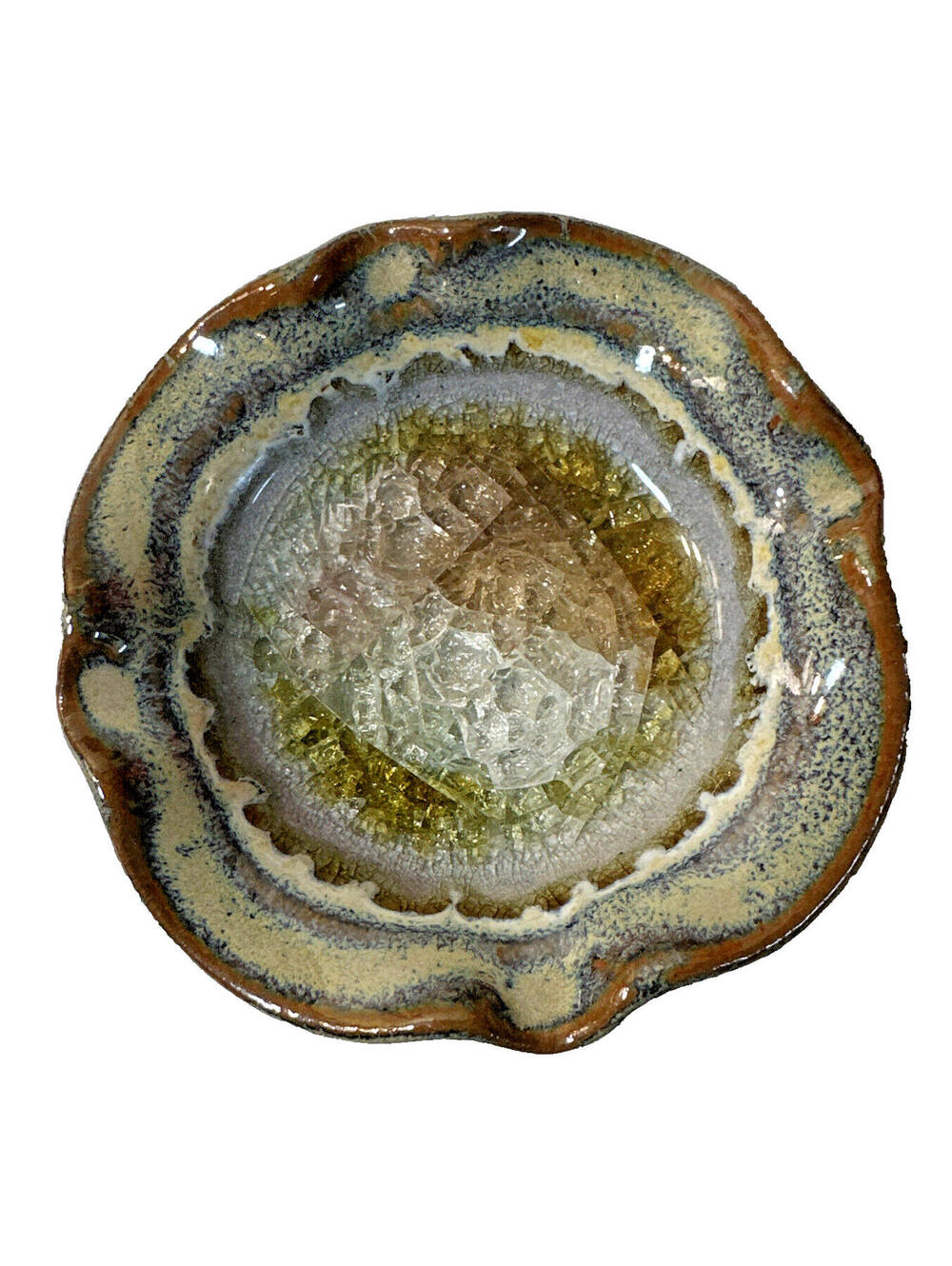 Art Pottery Crackle Infused Glass Trinket Ring Dish Round W/ Crimped Edge Boho